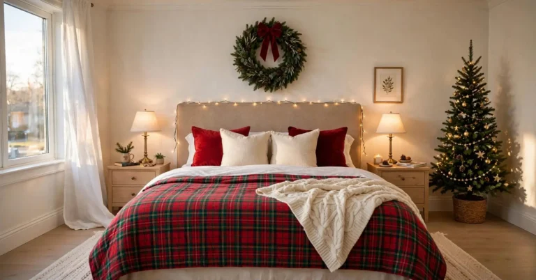 Cozy Christmas bedroom with plaid bedding, warm fairy lights, and a wreath above the bed