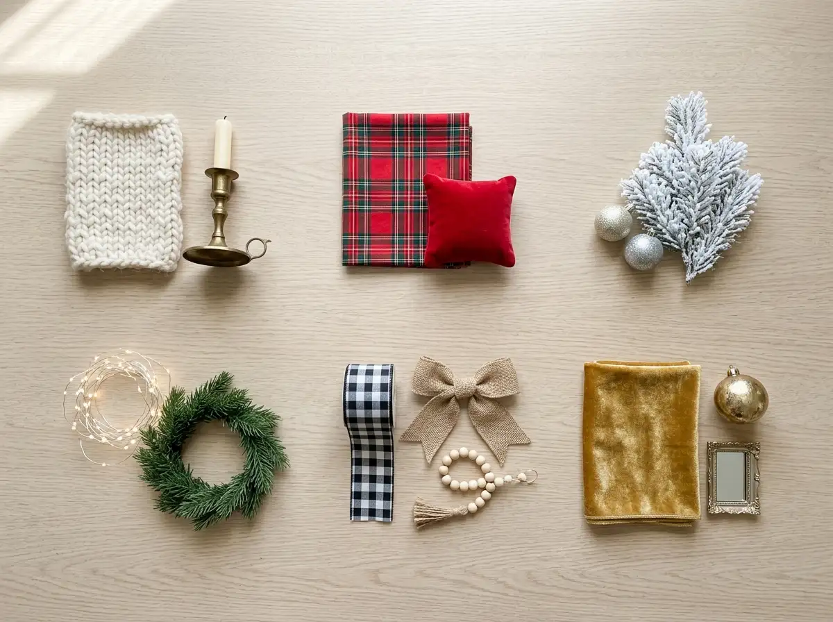 Flat lay of materials for six Christmas bedroom styles including plaid, cream knit, flocked branch, burlap, and gold velvet