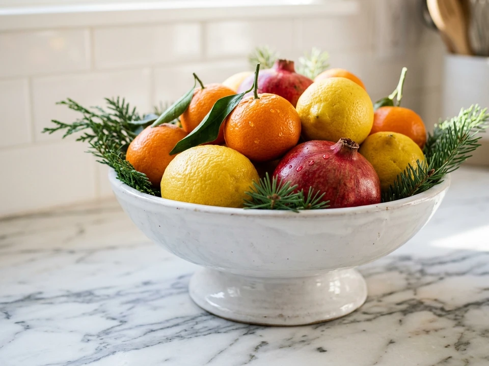 Footed bowl of clementines, lemons, pomegranates, and greens on a kitchen counter