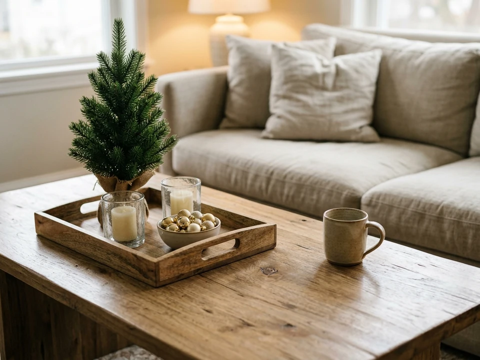 Coffee table tray with candles, a mini tree, and a bowl of ornaments