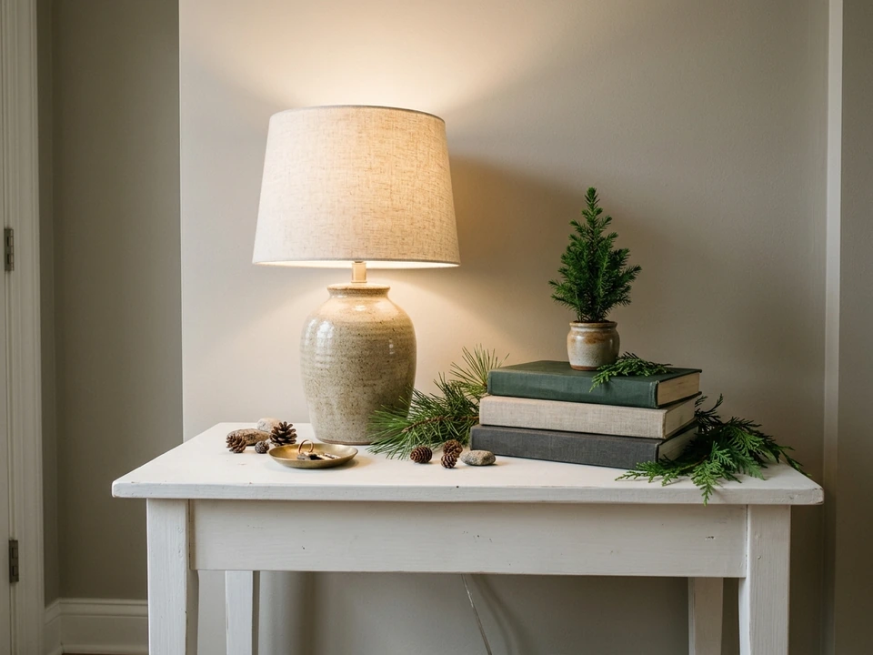Entry console with lamp, stacked books, small tree, and tucked greens