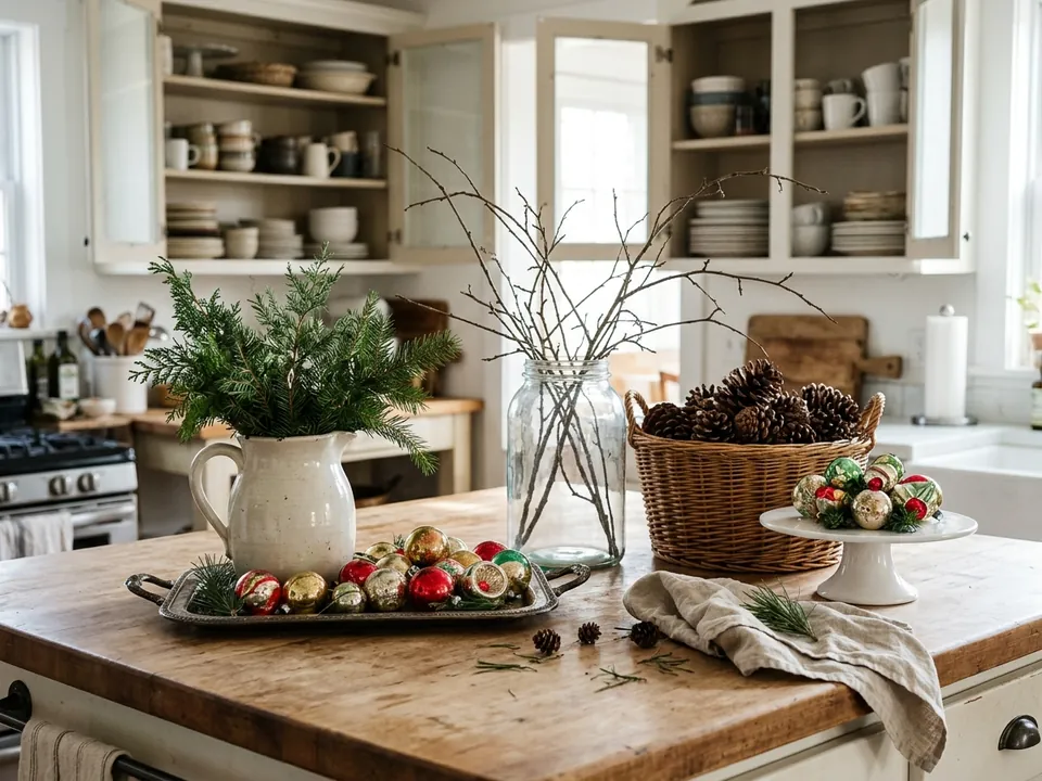 Household pitchers, trays, jars, and baskets styled with Christmas greens