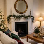 Living room decorated for Christmas with a lit tree, garland mantel, and cozy pillows
