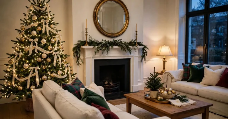 Living room decorated for Christmas with a lit tree, garland mantel, and cozy pillows