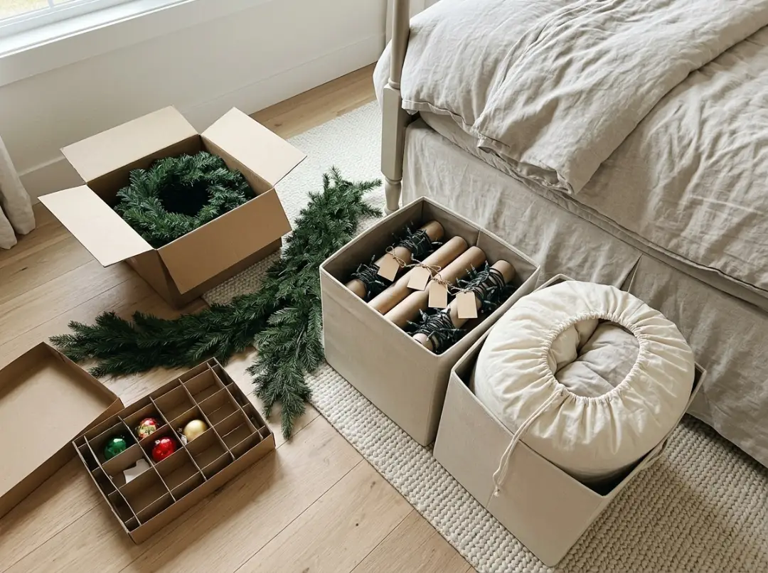 Christmas bedroom decor packed in bins with lights wrapped on a cardboard tube and wreaths in a box