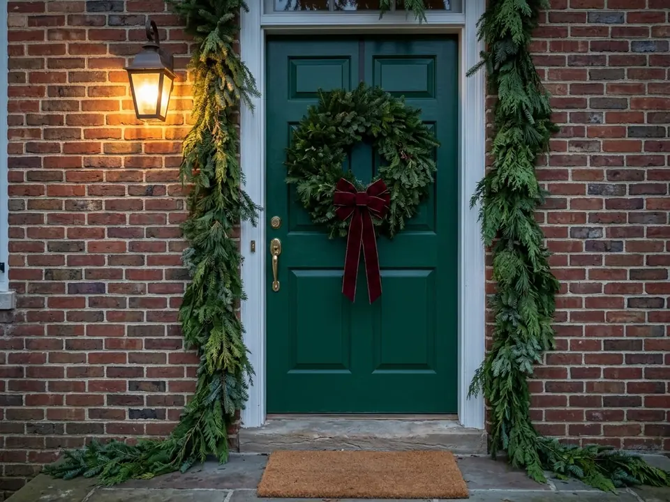 Front door with an oversized Christmas wreath and garland framing the frame