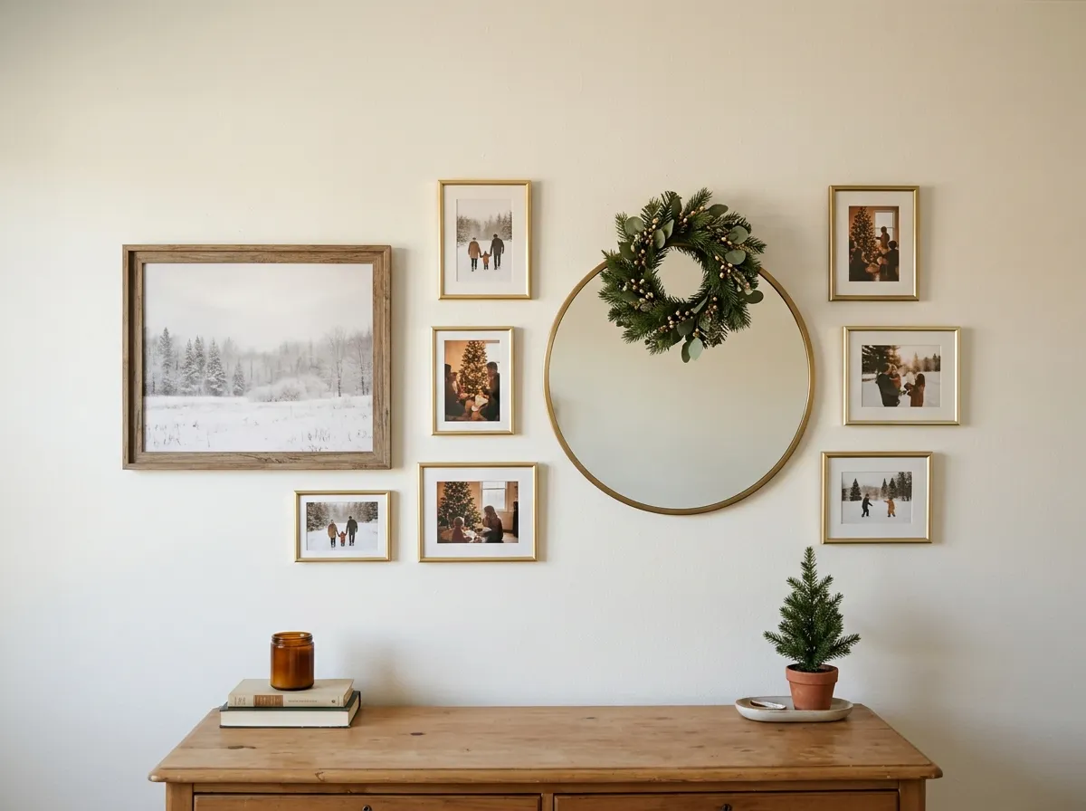 Bedroom wall with a winter scene print, a wreath over a mirror, and mini gold frames holding Christmas photos