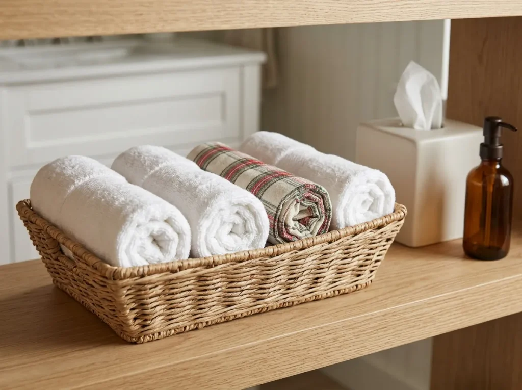 Wicker basket of rolled white and Christmas-patterned guest hand towels on a bathroom shelf.
