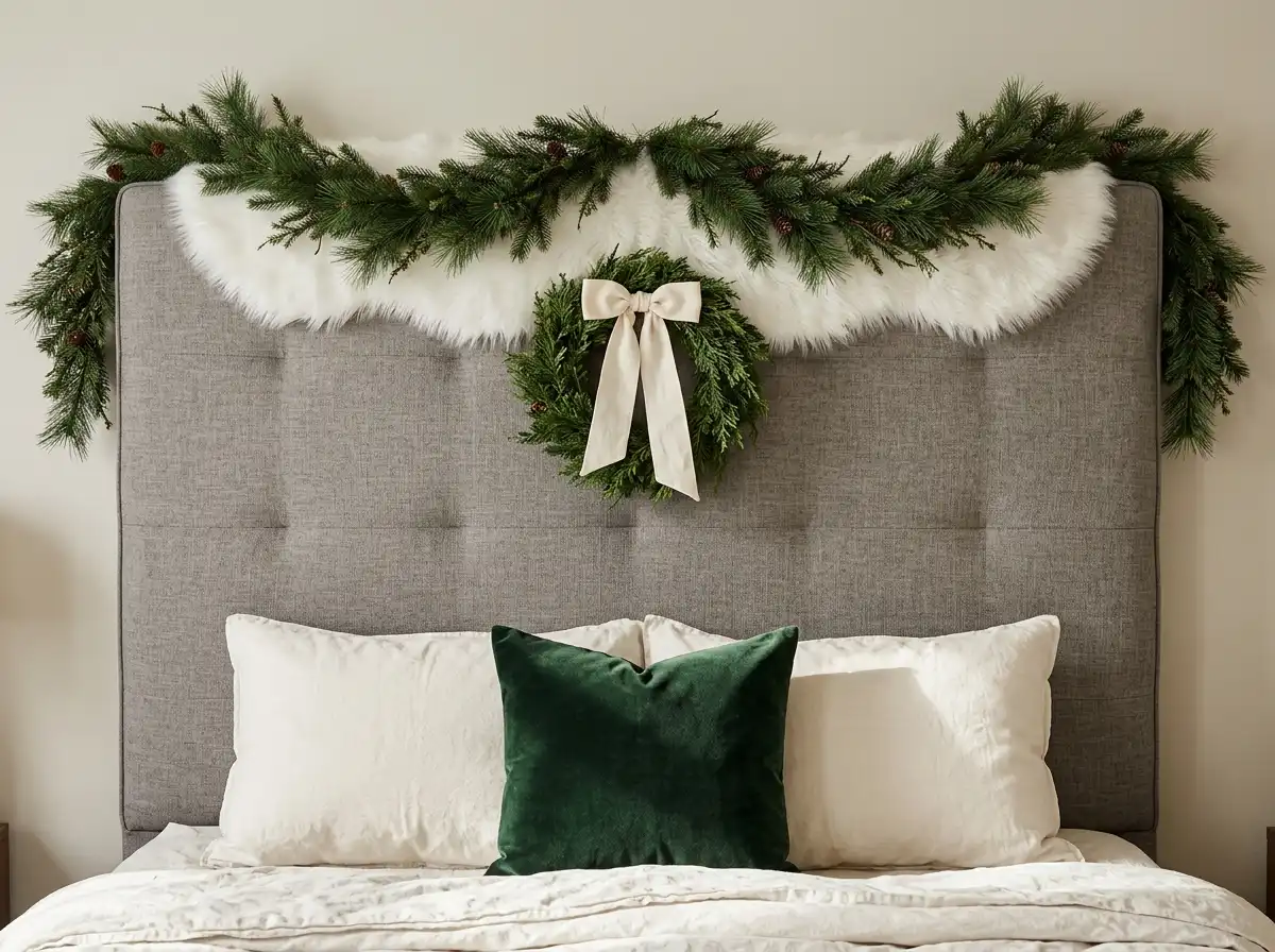 Headboard decorated with a garland across the top, a small wreath at the center, and a faux fur throw