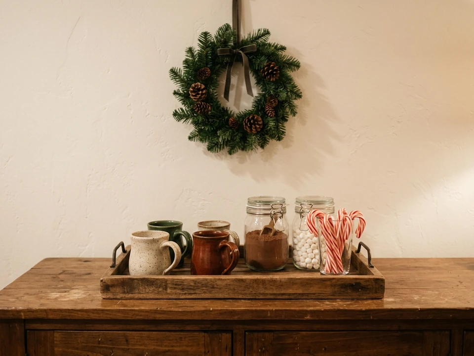 Hot chocolate bar tray with mugs, cocoa, marshmallows, and candy canes