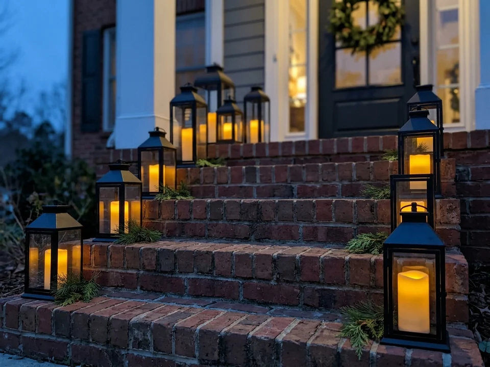 Lanterns with LED candles and greens on porch steps at dusk
