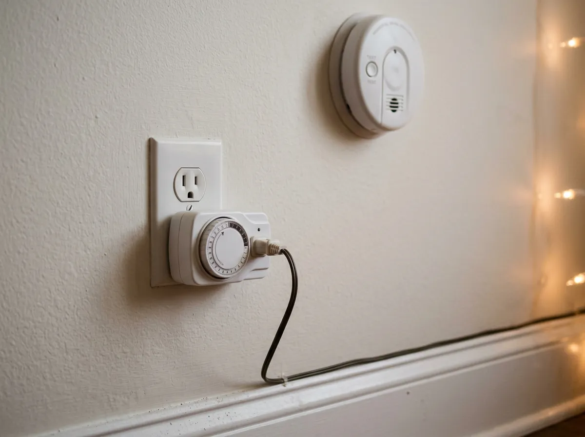 Christmas light plug connected to a timer plug at a bedroom wall outlet beside a smoke alarm
