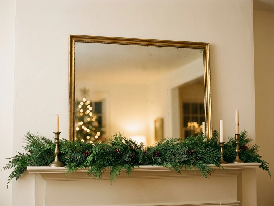  Mantel with a leaning mirror and evergreen garland tucked along the bottom
