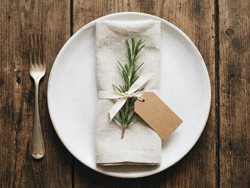 Linen napkin tied with thin ribbon and a rosemary sprig on a plate
