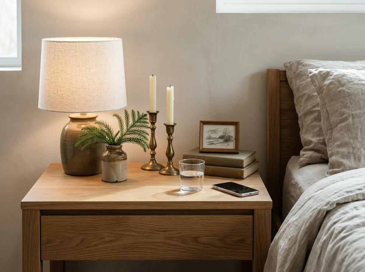 Styled Christmas nightstand with a lamp, a vintage crock of Norfolk pine stems, brass candlesticks, and a water glass