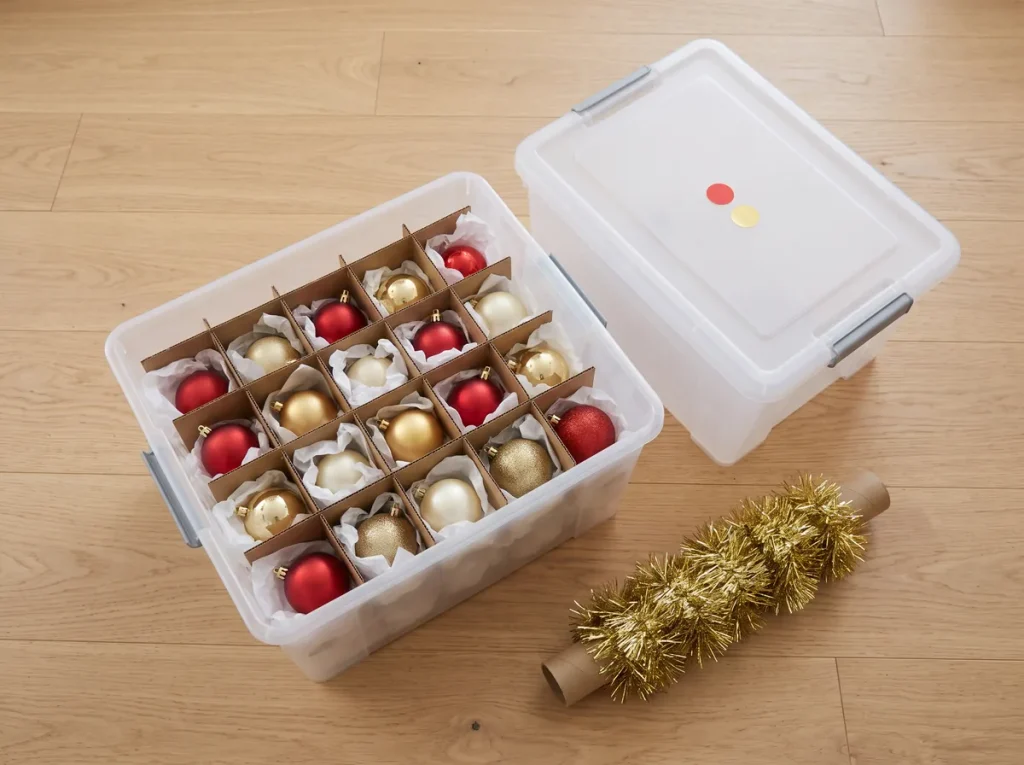 Divided ornament storage bin with tissue wrapped ornaments and a garland wrapped around a cardboard tube