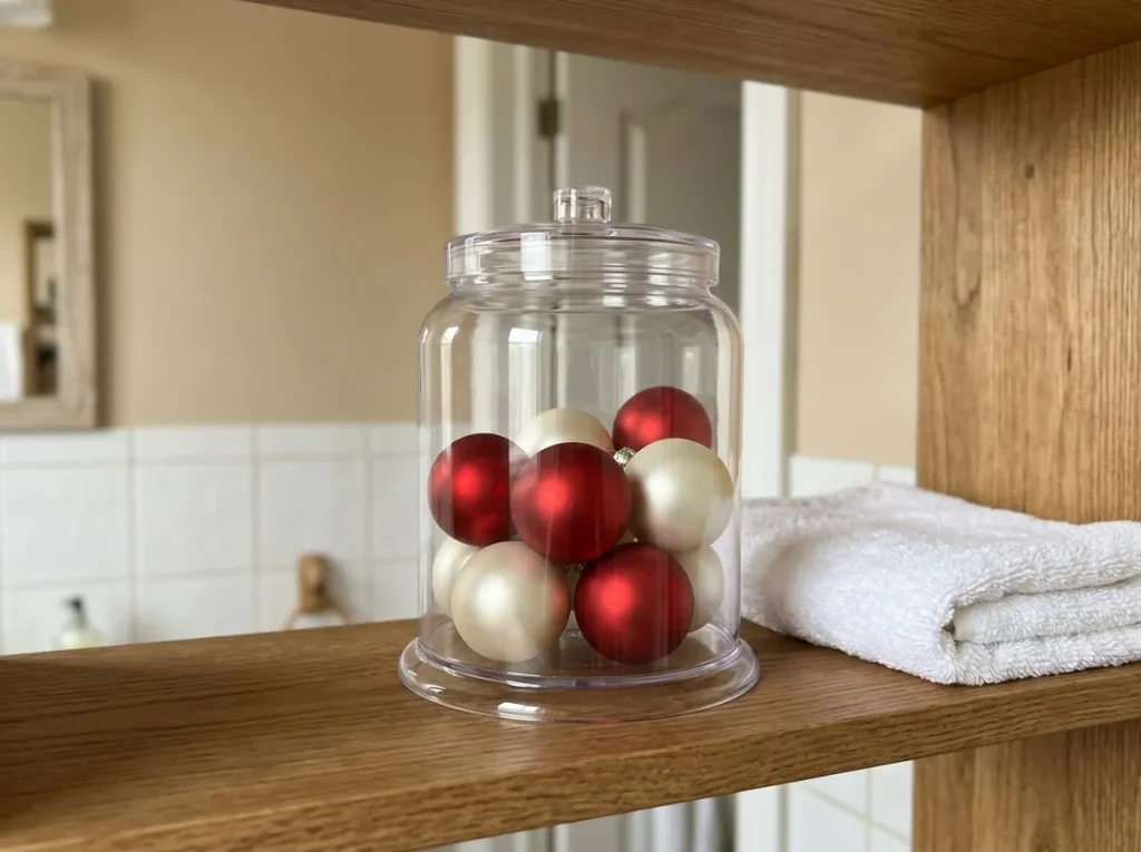  Clear plastic jar filled with red and white Christmas ornaments on a small bathroom shelf.