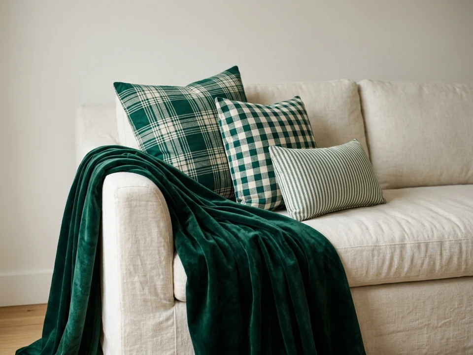 Sofa with plaid, check, and stripe pillows and a velvet throw for Christmas