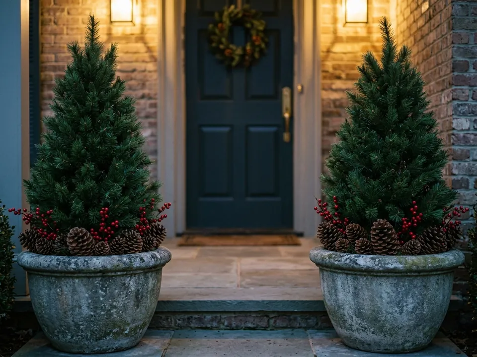 Porch planters filled with cone trees, pinecones, and red berry stems