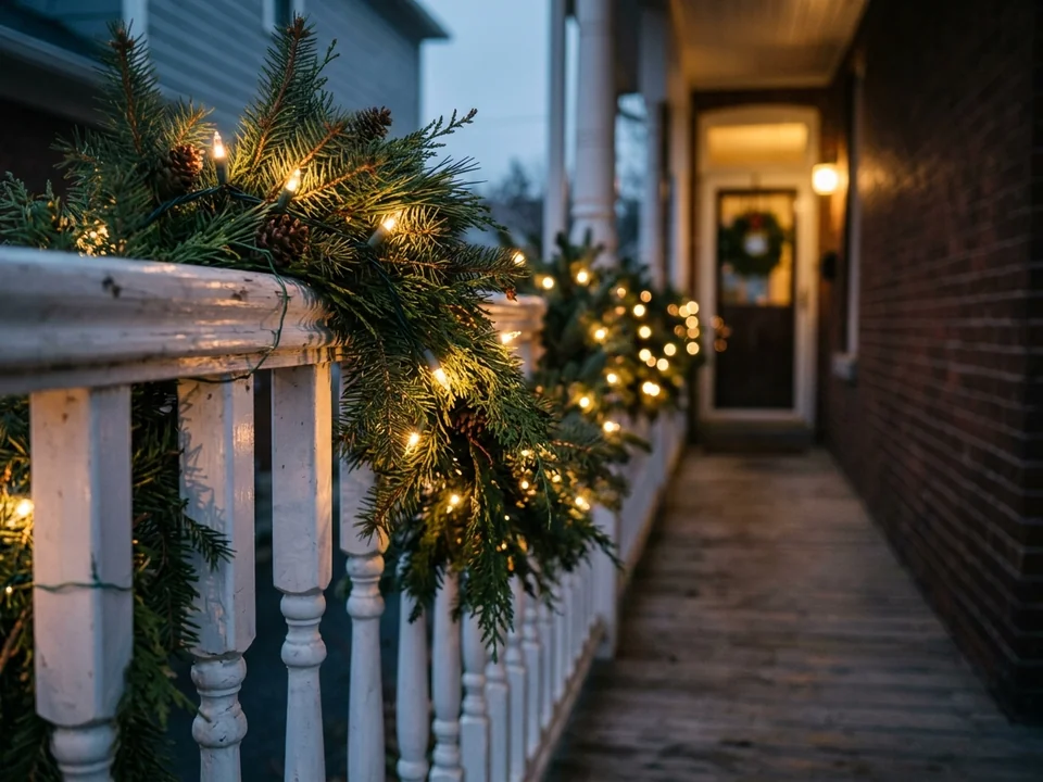 Porch railing wrapped in evergreen garland and warm white lights