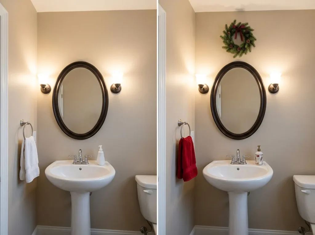 Side-by-side comparison of the same small powder room before and after adding a Christmas wreath and red hand towels.
