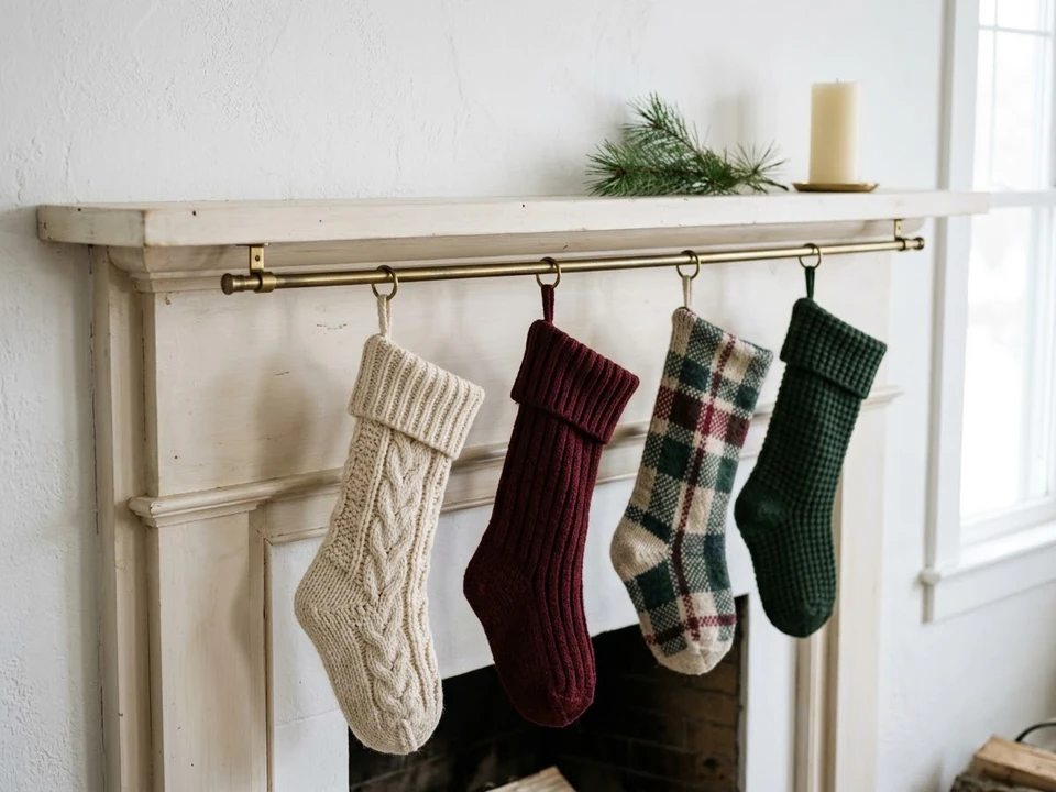 Christmas stockings hanging from a slim brass curtain rod under a mantel