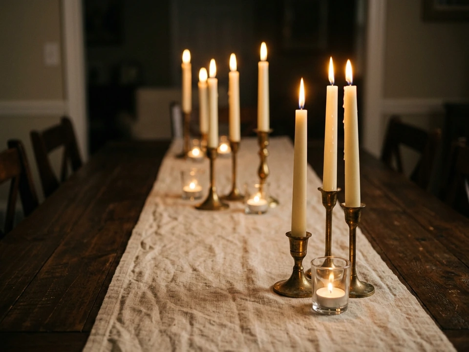Dining table with tall tapers and short votives at mixed heights