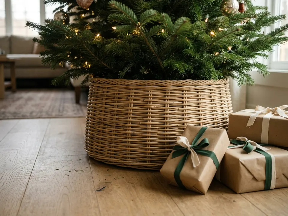 Woven basket collar around the base of a Christmas tree with gifts beside it