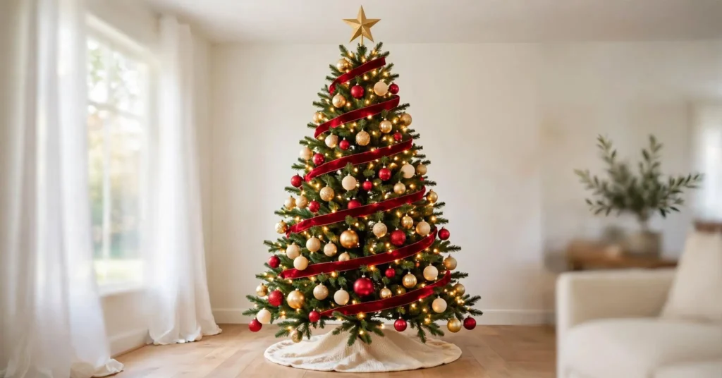 Decorated 7 foot Christmas tree with warm white lights, red velvet ribbon, and red and gold ornaments in a living room
