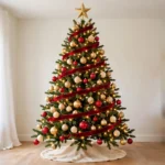 Decorated 7 foot Christmas tree with warm white lights, red velvet ribbon, and red and gold ornaments in a living room