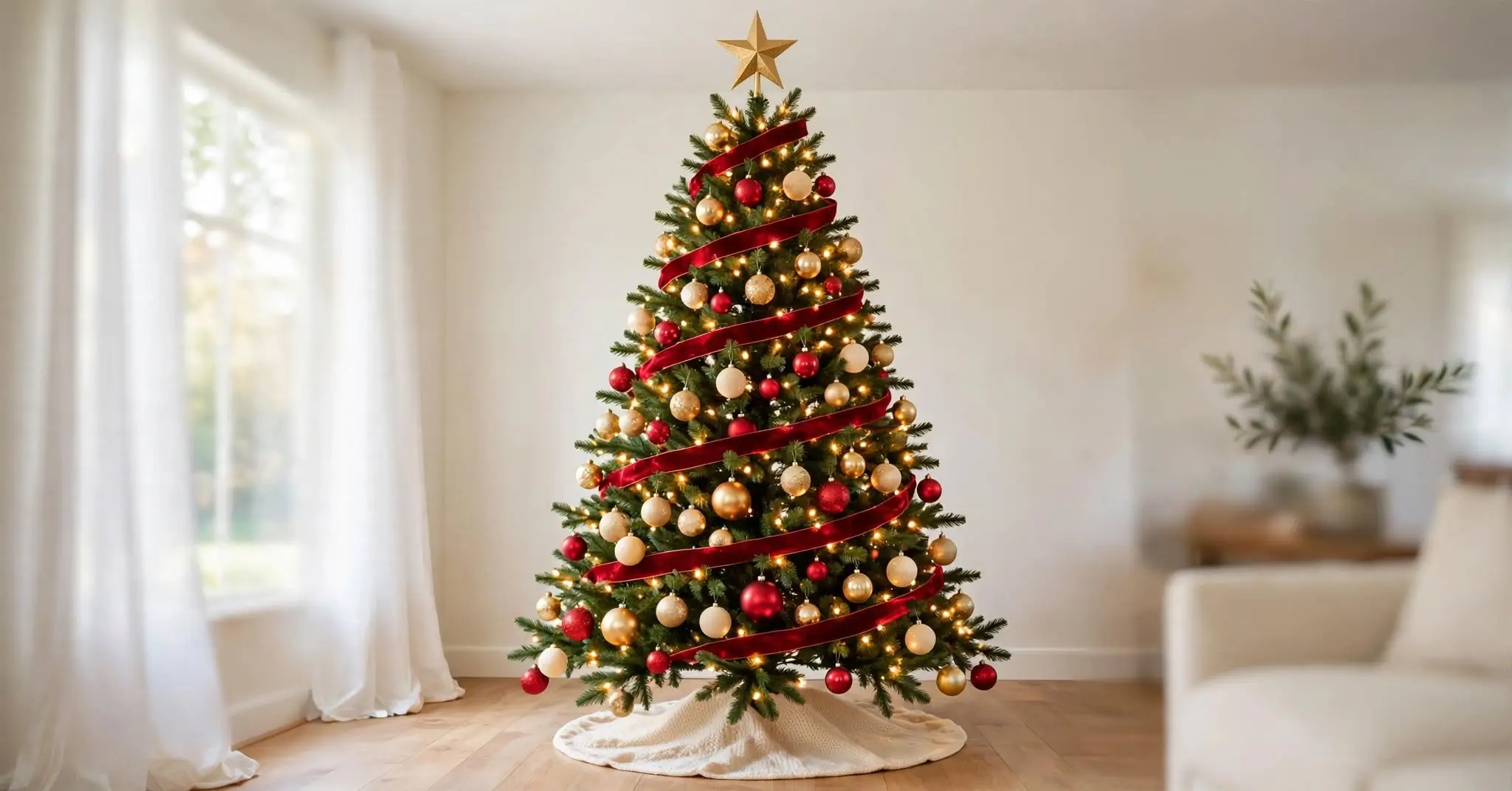 Decorated 7 foot Christmas tree with warm white lights, red velvet ribbon, and red and gold ornaments in a living room