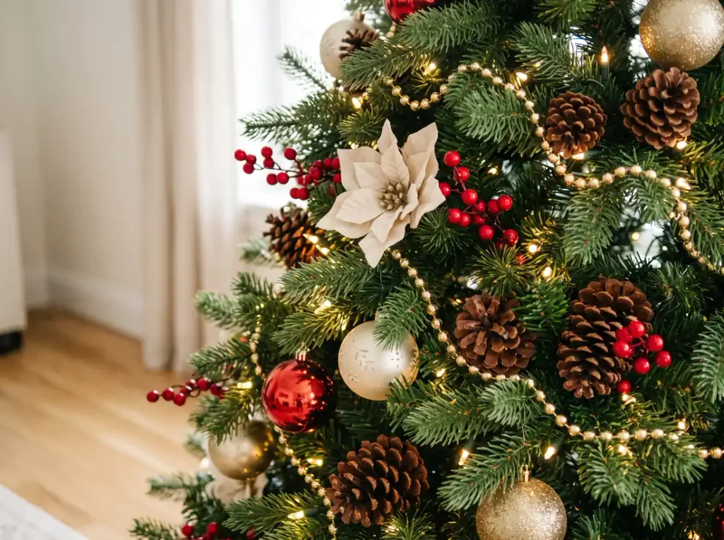 Christmas tree branches with berry picks, pinecones, and gold bead garland tucked between ornaments