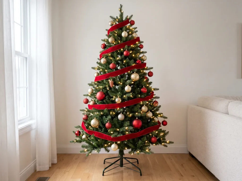 Christmas tree with ribbon, large ornaments deep in the branches, and small ornaments at the tips