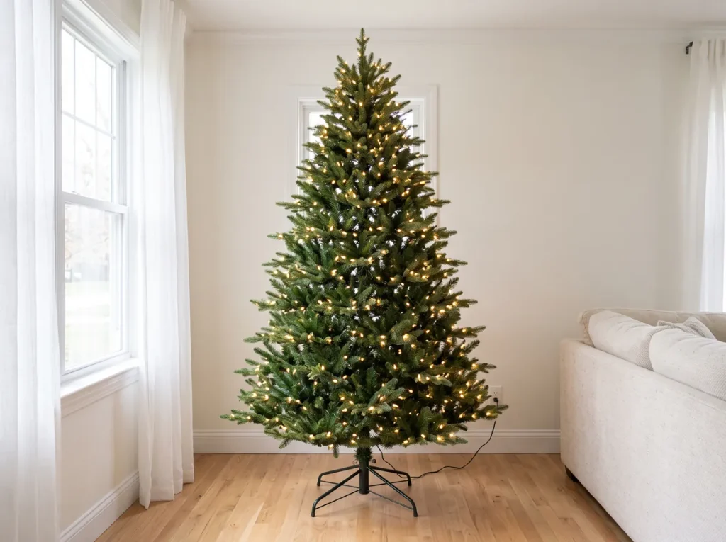 Bare artificial Christmas tree wrapped in warm white lights from the trunk to the branch tips
