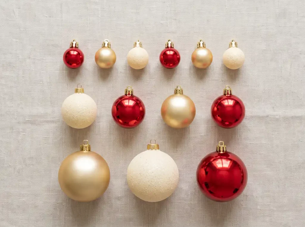 Red, gold, and cream Christmas ornaments in small, medium, and large sizes arranged in rows