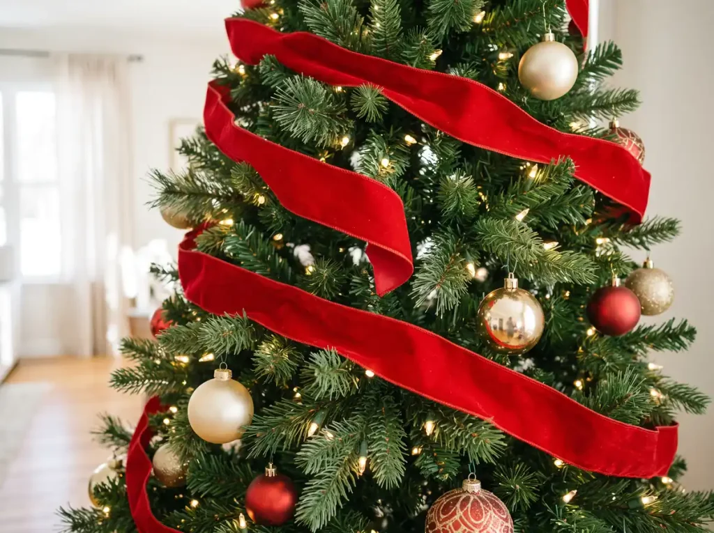 Wide red velvet ribbon spiraling down a Christmas tree between warm white lights and ornaments