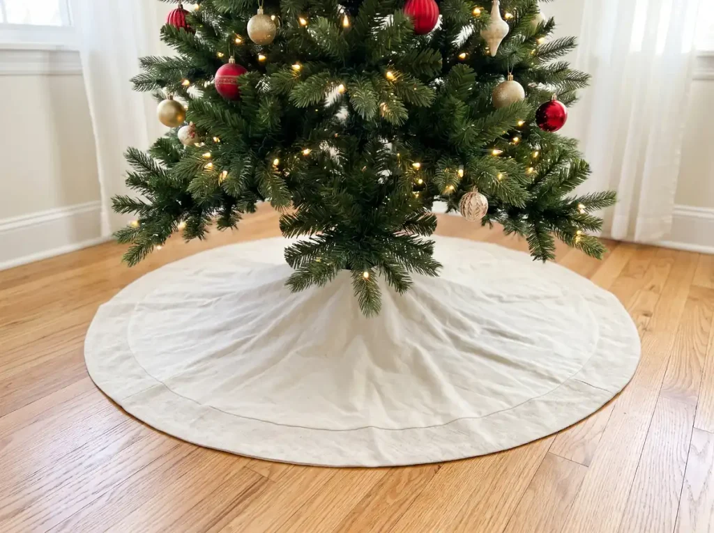 Cream tree skirt extending past the lowest branches of a Christmas tree and covering the stand