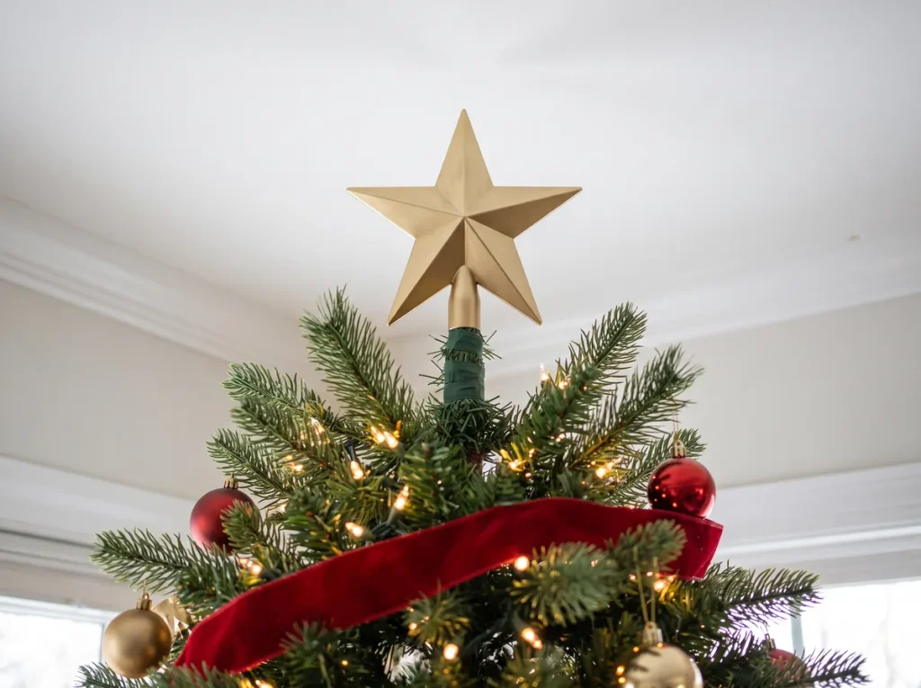 Gold star tree topper on a Christmas tree with clear space between the star and the ceiling