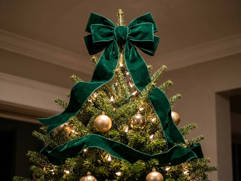 Oversized velvet bow tree topper with long ribbon tails on a Christmas tree