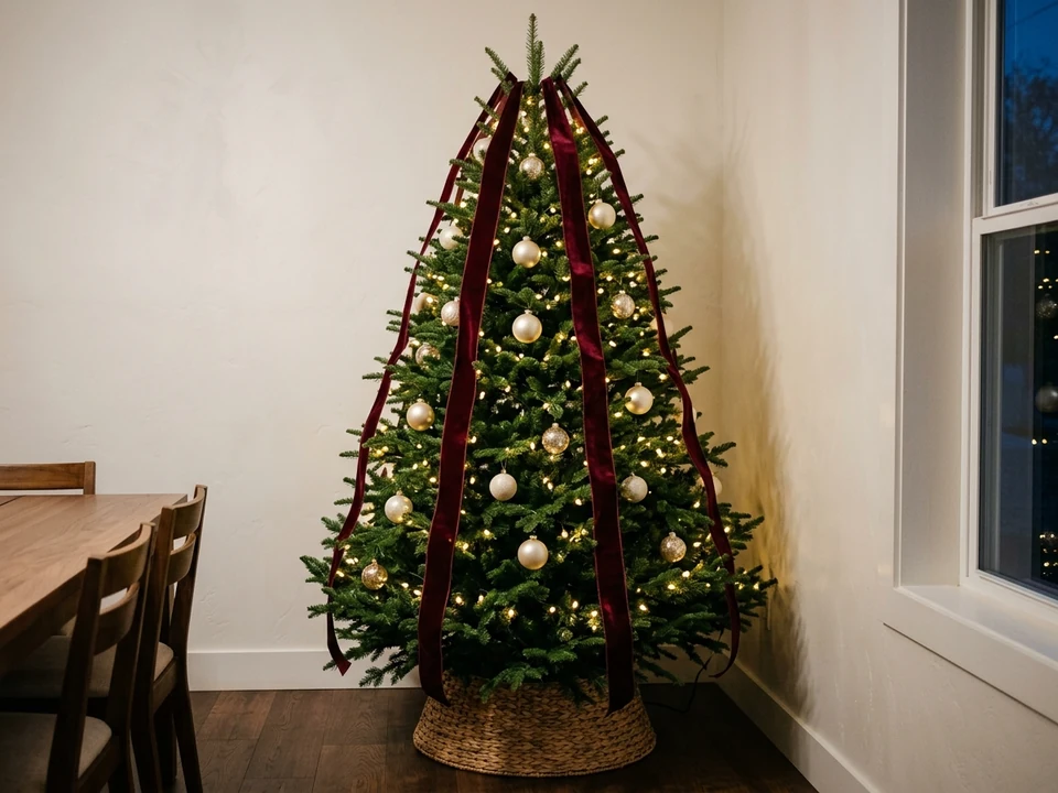 Christmas tree with burgundy velvet ribbon falling in straight vertical lines