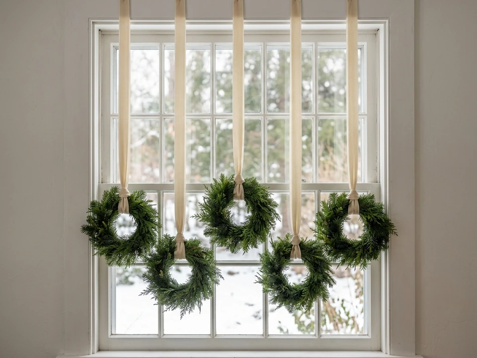 Window trimmed with small wreaths hanging from ribbon at staggered heights