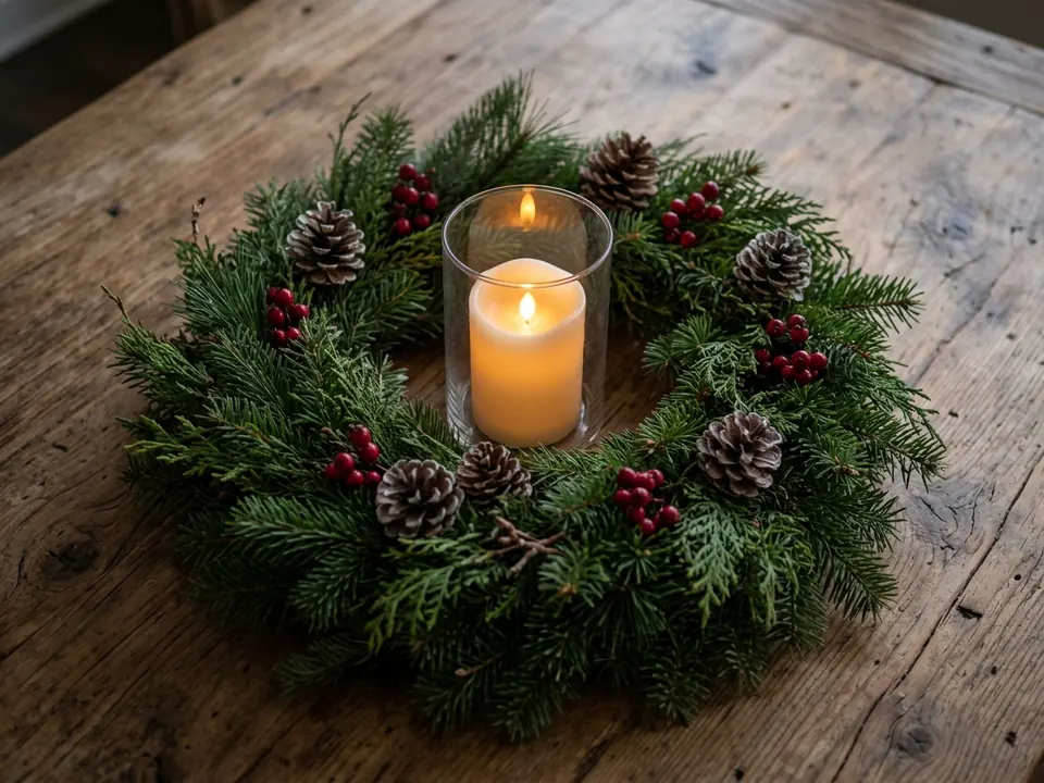 Christmas wreath laid flat on a table around a pillar candle