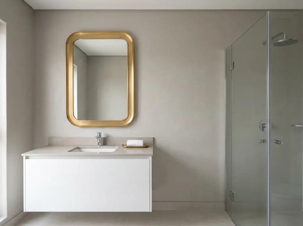 Bathroom with a gold-framed mirror above a chrome faucet and a glass shower with chrome fixtures