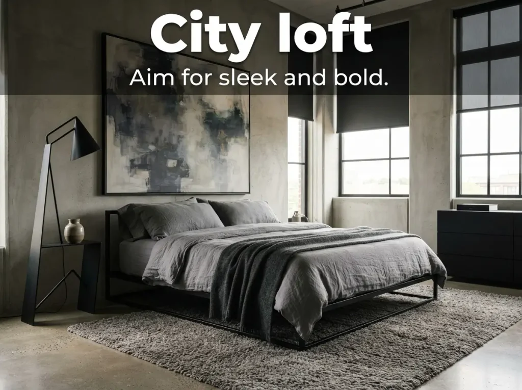 City loft bedroom with a low platform bed, black metal frame, gray tones, and large wall art
