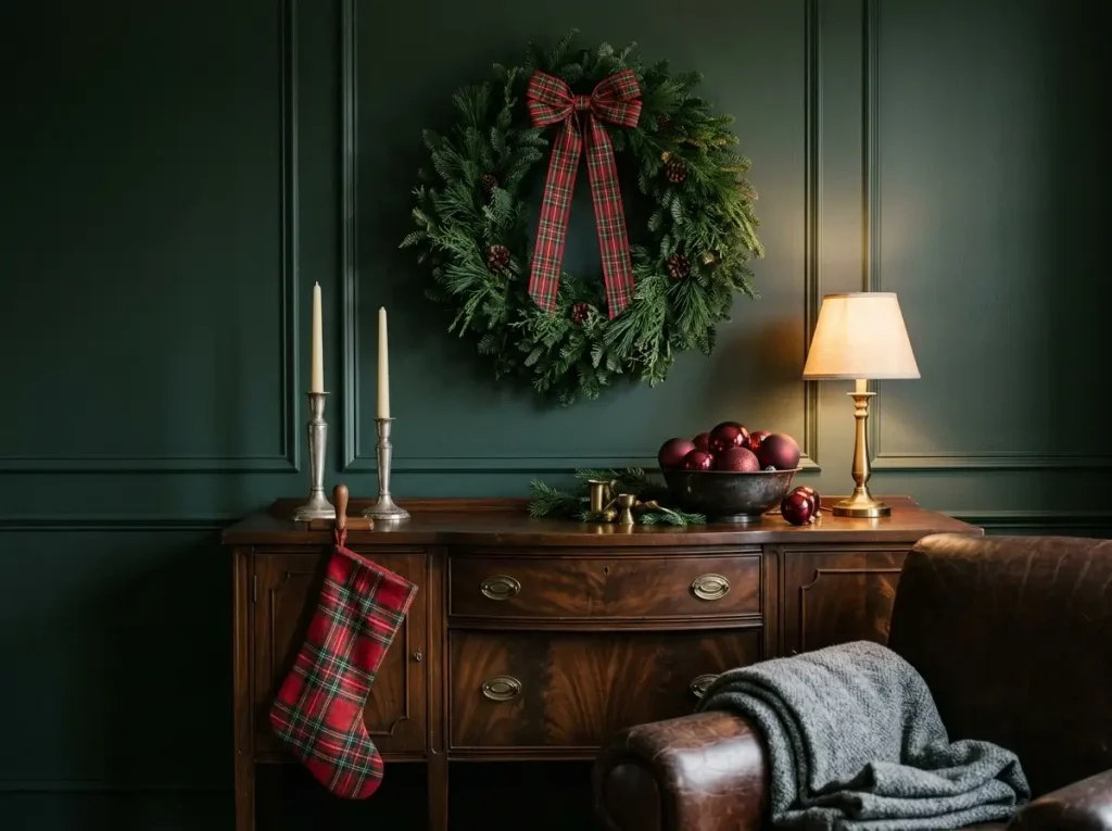 Tartan plaid stocking, silver candlesticks, glass ornaments, and a wool throw in a classic holiday setting