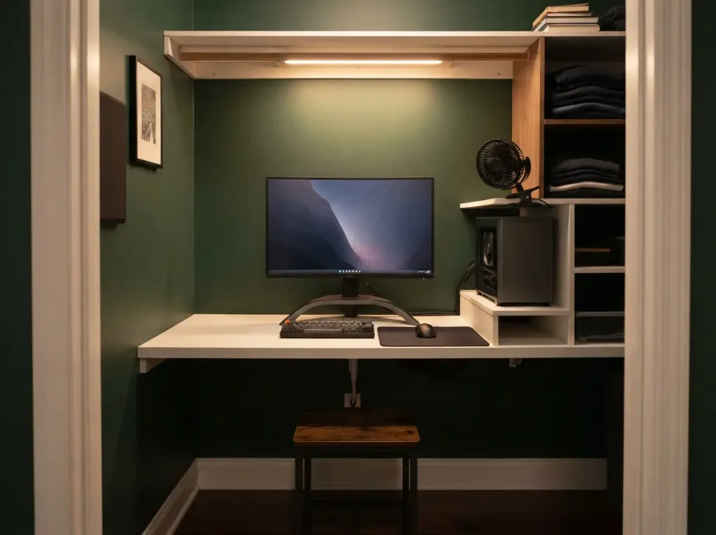 Closet turned into a gaming nook with a narrow desk and a clip on fan
