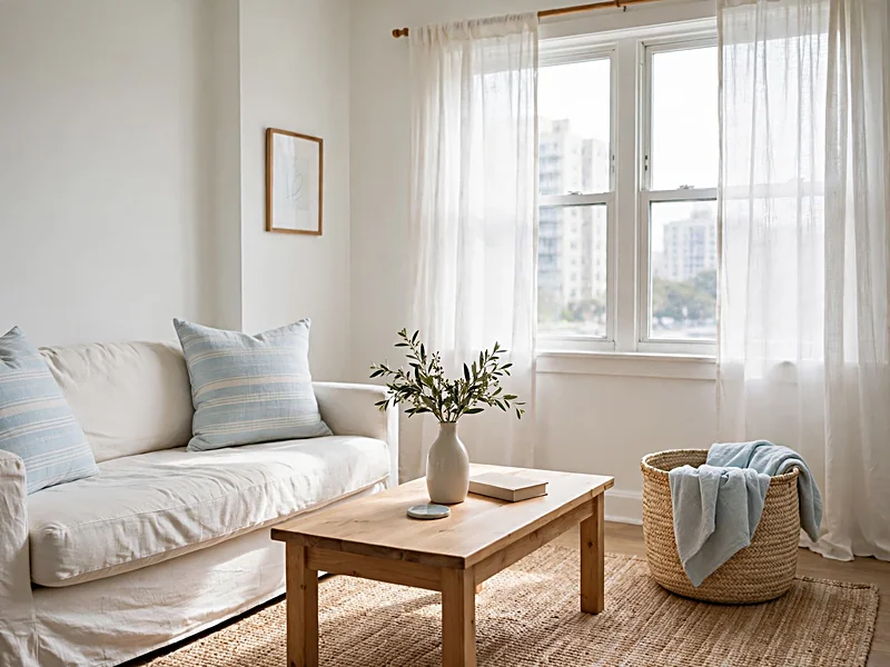 Light coastal apartment living room with white furniture, pale blue cushions, linen curtains, and woven baskets.
