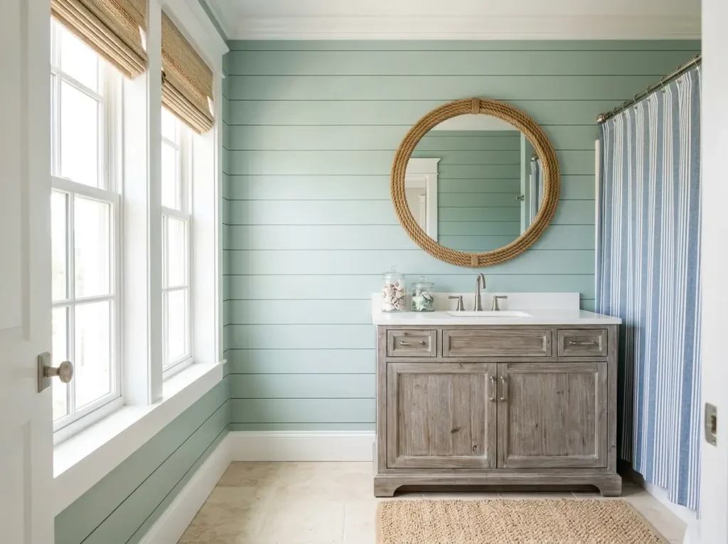 Coastal bathroom with seafoam shiplap walls, rope framed mirror, and weathered wood vanity