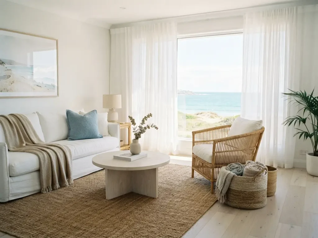 Coastal living room with white linen sofa, sand tones, soft blue accents, and rattan details
