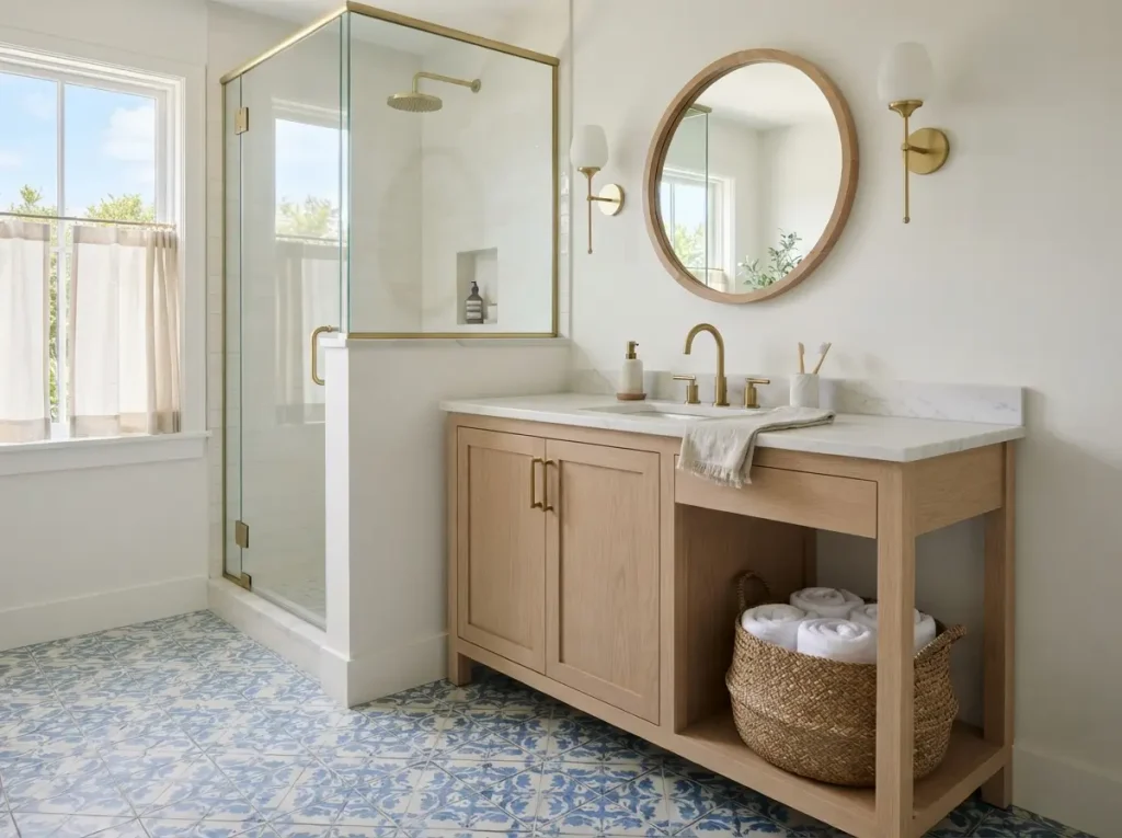 Coastal bathroom with pale wood vanity and blue and white tile
